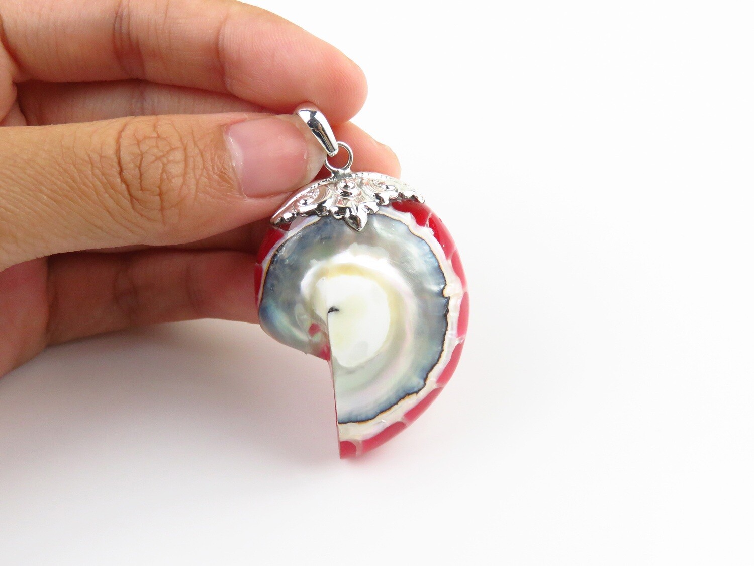 Sterling Silver, Red Colour, Nautilus Shell Pendant SHP-198