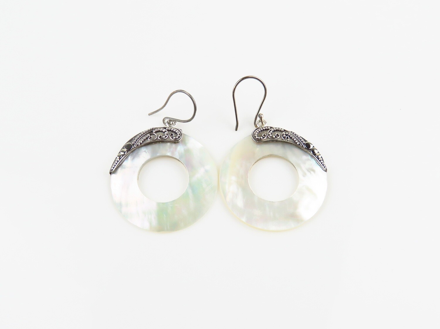Sterling Silver, Mop Shell, Round Dangle Earrings SSE-176