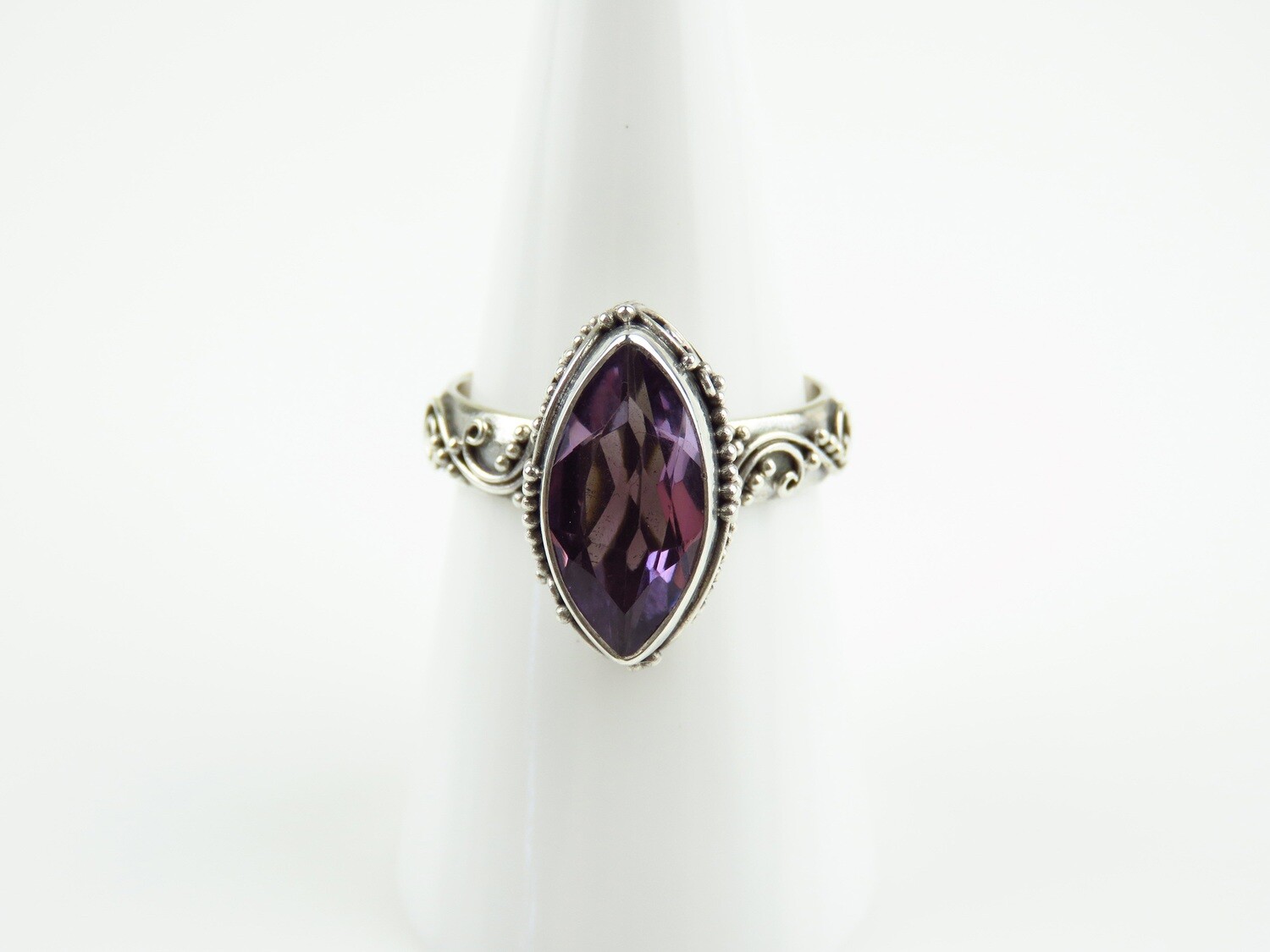Sterling Silver, Amethyst Gemstone, Marquise Shape Ring RI-1188