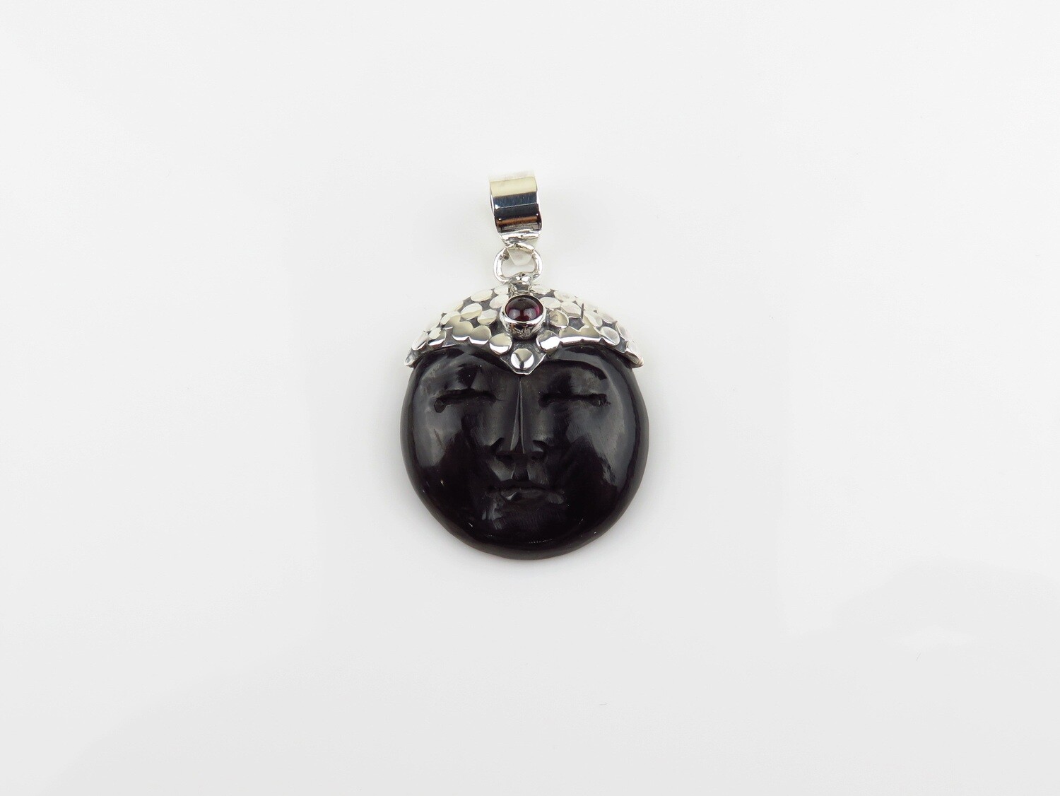 Sterling Silver, Garnet, Carved Ox Horn, Moonface Pendant BP-174