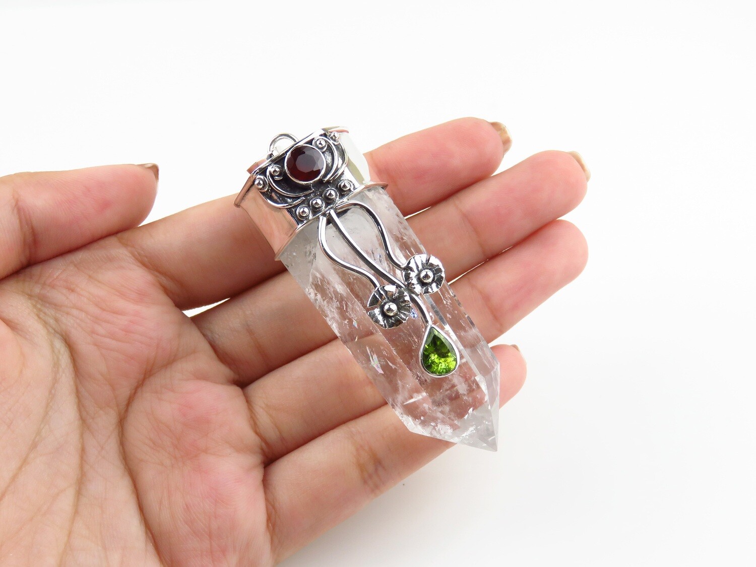 Sterling Silver, Quartz Crystal, Mixed Gemstone Pendant SP-1266
