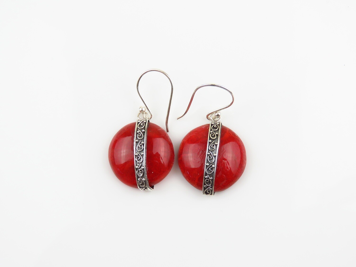 Sterling Silver, Red Coral, Shell Dangle Earrings SSE-183