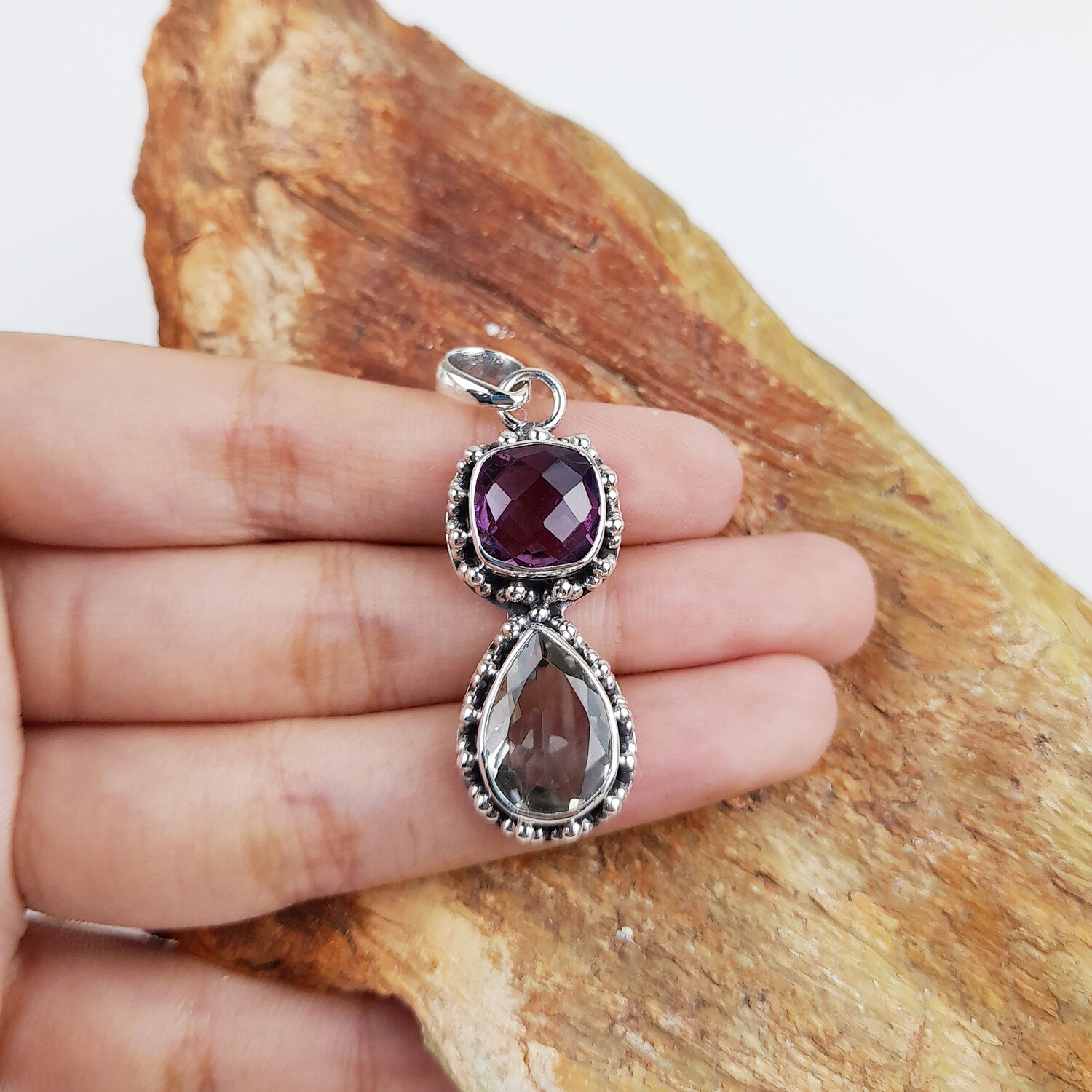 Sterling Silver, Amethyst, Green Amethyst, Gemstone Pendant GP_964
