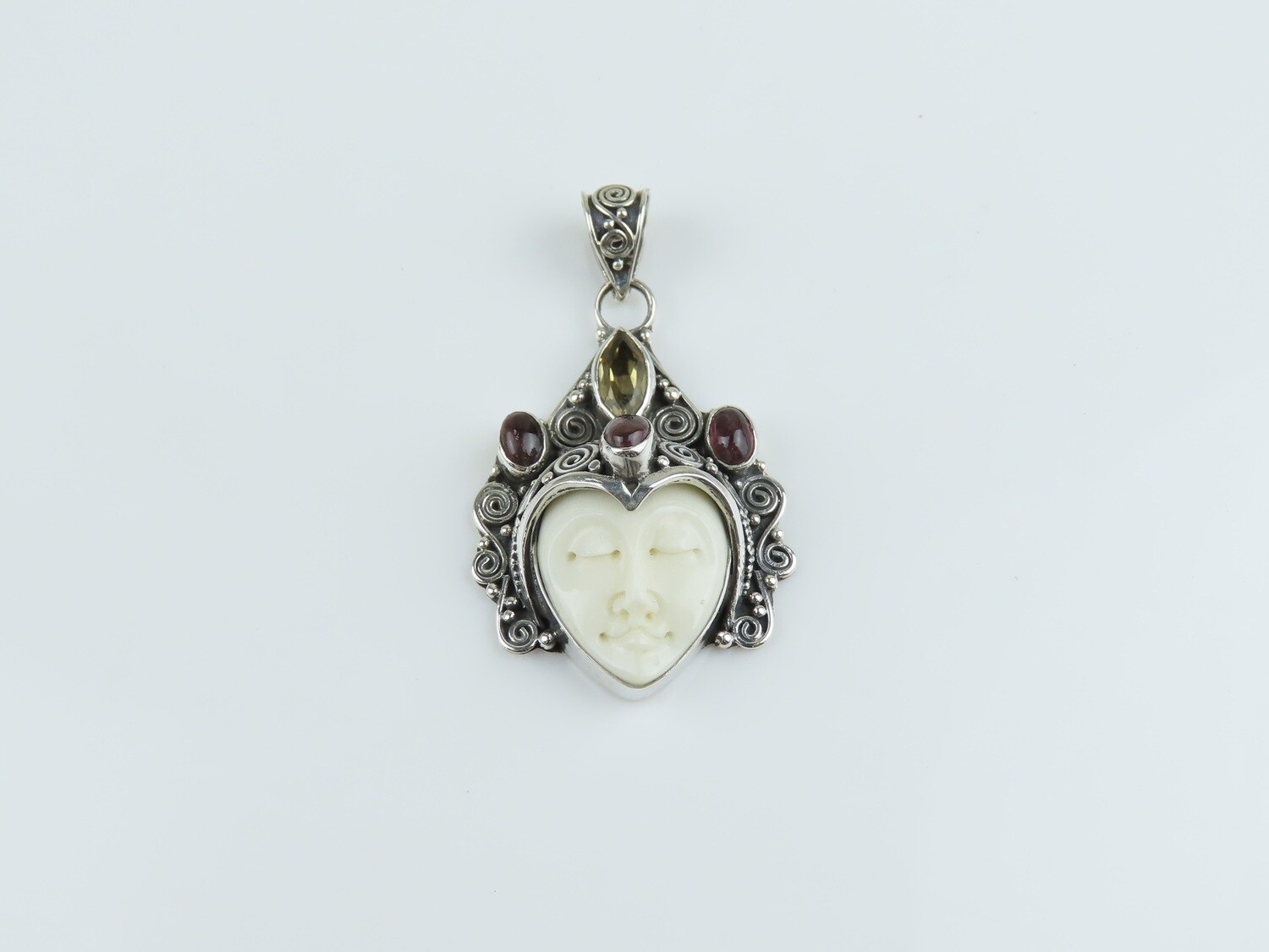 Sterling Silver, Carved Ox Bone, Mixed Gemstone,  Bali Goddess Pendant GJ-208