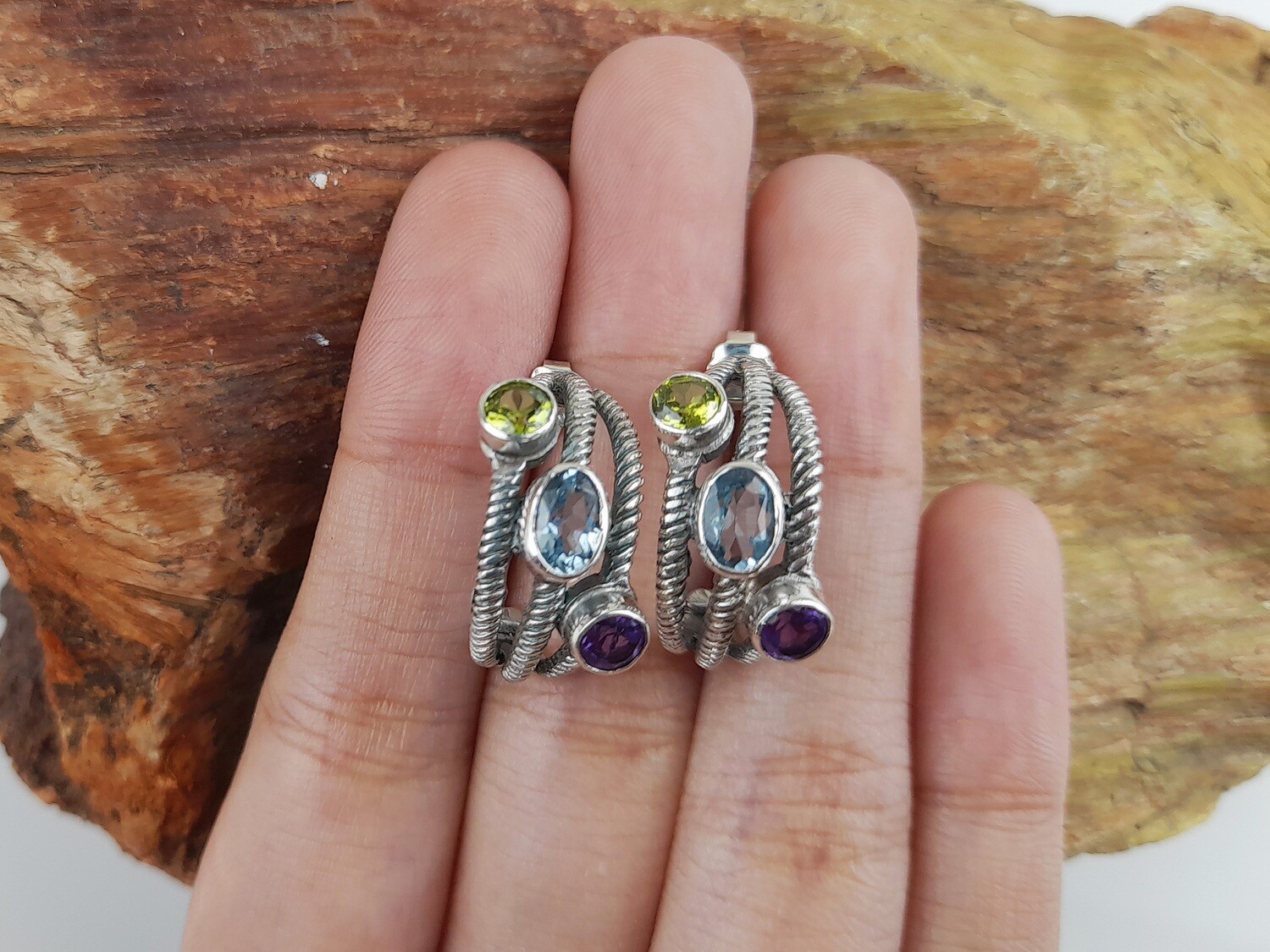 Sterling silver, Mixed gemstone, Stud earrings ERG_517