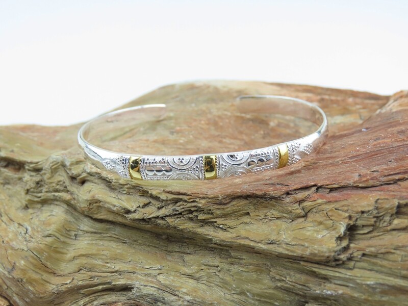 Sterling silver, 18k gold highlight, Bali bangle