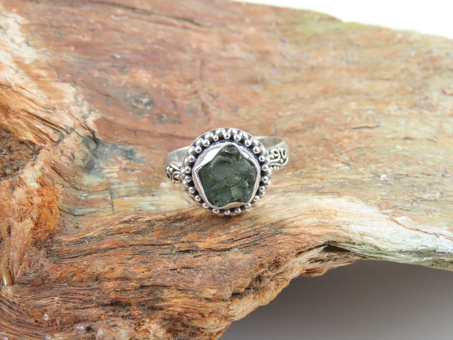 Sterling silver, Natural moldavite, Gemstone ring