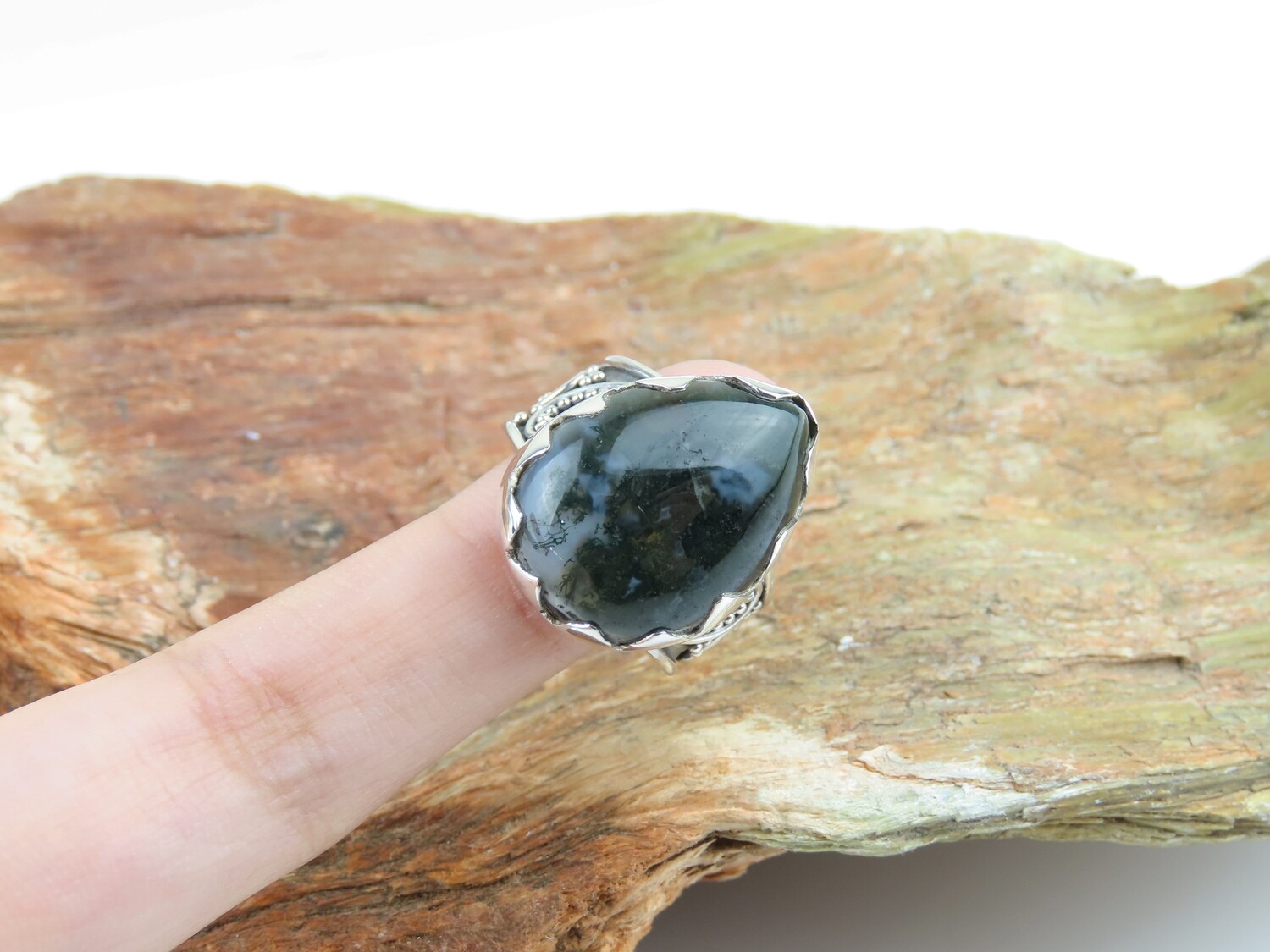 Sterling silver, Moss agate, Gemstone ring