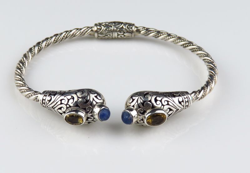 Sterling Silver Citrine Gemstone Lapiz Gemstone Bangle Bracelet