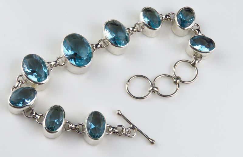 Sterling Silver Blue Topaz Gemstone Bangle Bracelet BBB_252J