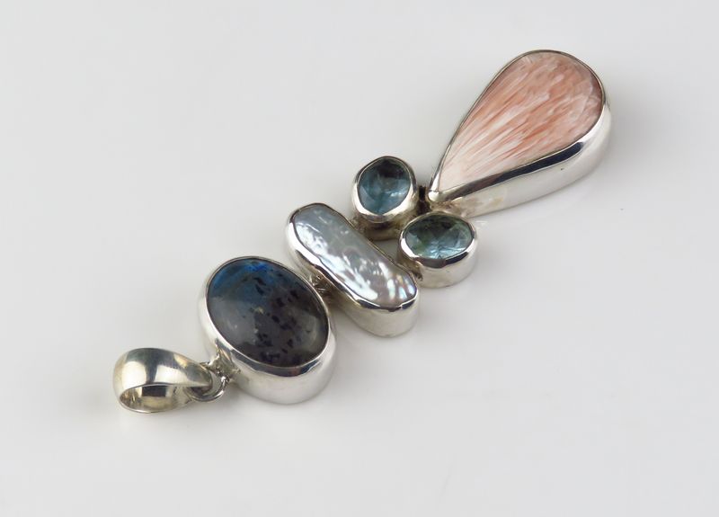 Sterling Silver Pearl Labradorite Blue Topaz Pink Calcite Gemstone Pendant BGP_1075J