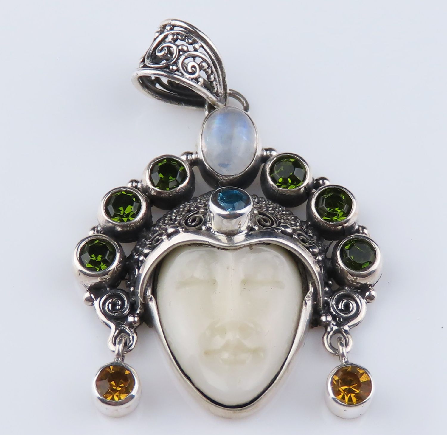 Sterling Silver Carved Bone Ox Bone Goddess Green Quartz Citrine Rainbow Moonstone Gemstone Pendant BGP_1053J