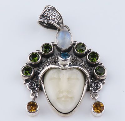 Sterling Silver Carved Bone Ox Bone Goddess Green Quartz Citrine Rainbow Moonstone Gemstone Pendant BGP_1053J