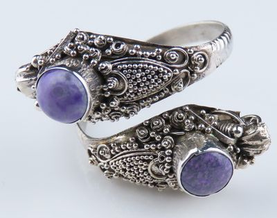 Sterling Silver Double Head snake Balinese Filigree Design Sugilite Gemstone Ring BR_1246J
