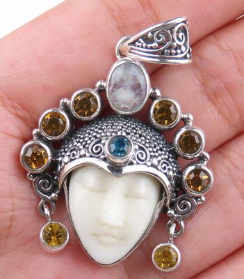 Sterling Silver Carved Bone Ox Bone Rainbow Moonstone Citrine Blue Topaz Gemstone Goddess Pendant BGP_1054J
