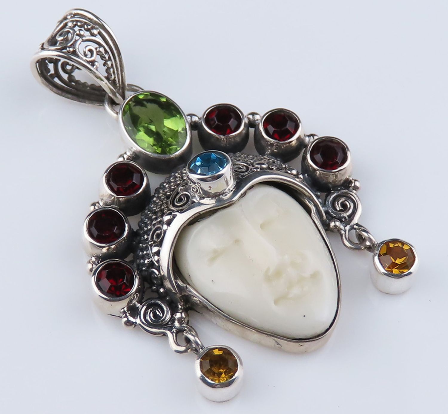 Sterling Silver Carved Bone Ox Bone Goddess Blue Topaz Peridot Citrine  Gemstone Pendant BGP_1055J