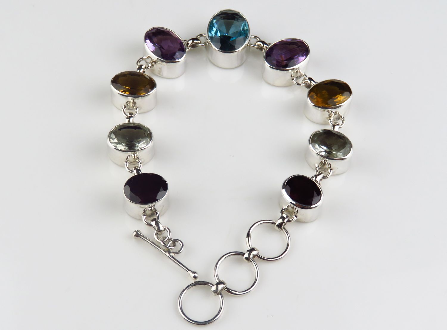 Sterling Silver Blue Topaz Green Amethyst Citrine Amethyst Garnet Gemstone Bangle Bracelet BBB-254J