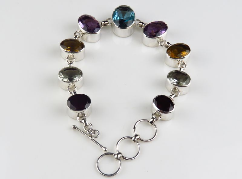 Sterling Silver Blue Topaz Green Amethyst Citrine Amethyst Garnet Gemstone Bangle Bracelet BBB-254J