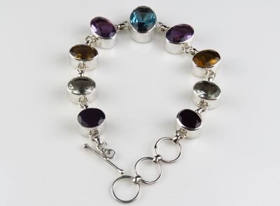 Sterling Silver Blue Topaz Green Amethyst Citrine Amethyst Garnet Gemstone Bangle Bracelet BBB-254J