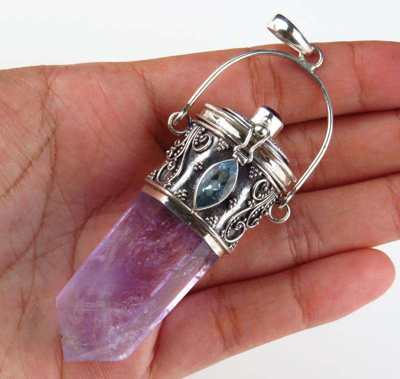 Sterling Silver Blue Topaz Amethyst Gemstone Garnet Gemstone Amethyst Crystal Locket Pendant BGP-1100J