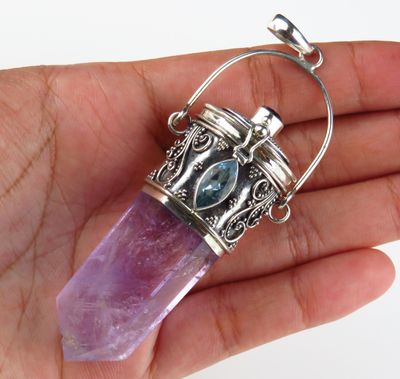 Sterling Silver Blue Topaz Amethyst Gemstone Garnet Gemstone Amethyst Crystal Locket Pendant BGP-1100J