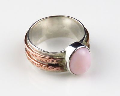Sterling Silver Cooper Hammered Pink Opal Gemstone Ring BR-452J