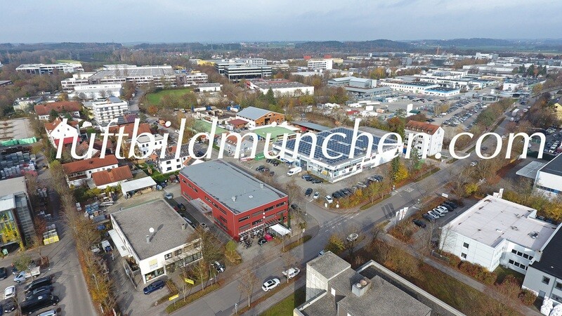 Luftbildfoto, Luftaufnahme, Luftbild, Foto mit Drohne, München, Foto von oben, Industriegebiet, Unterschleissheim, Wohngebiet,