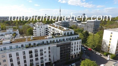 Luftbildfoto, Luftaufnahme, Luftbild, Foto mit Drohne, München, Foto von oben, Innenstadt, Schwabing, Olympiaturm, Wohngebiet, Nordschwabing