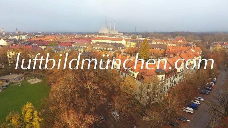 Luftbildfoto, Luftaufnahme, Luftbild, Foto mit Drohne, München, Foto von oben, Wohngebiet, Hochhaus, Innenstadt, Dietramszeller Platz, Thalkirchen, Heizkraftwerk,