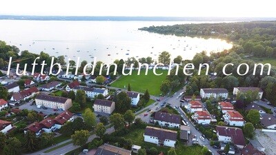 Bayern, Herrsching, Ammersee, Bucht, See, Abendstimmung, Sonnenuntergang, 5 Seen Land, Natur, von Oben, Drohnenfoto, Luftbild