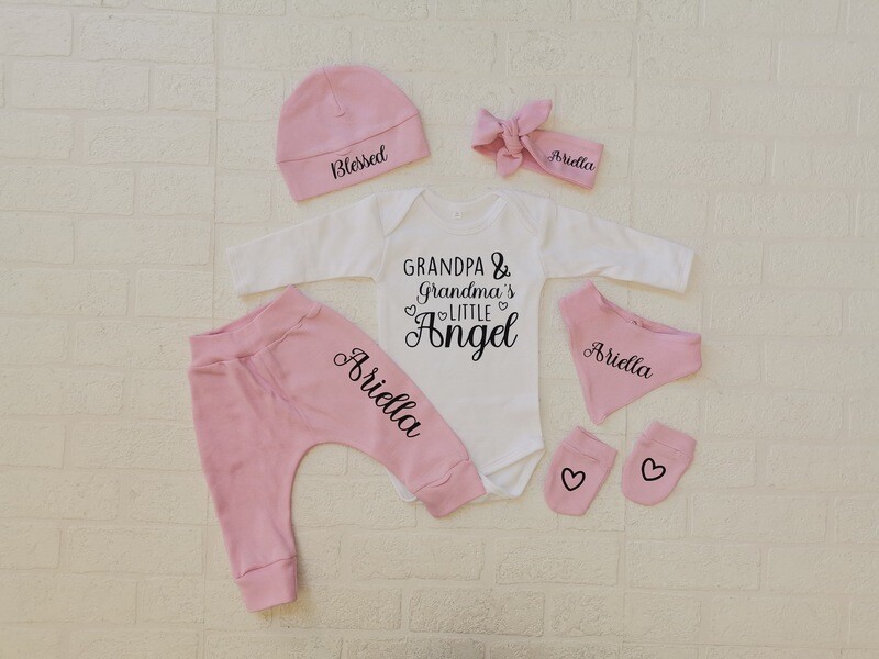 SALE Pants, Long vest, Hat, headbow, mittens and bib set