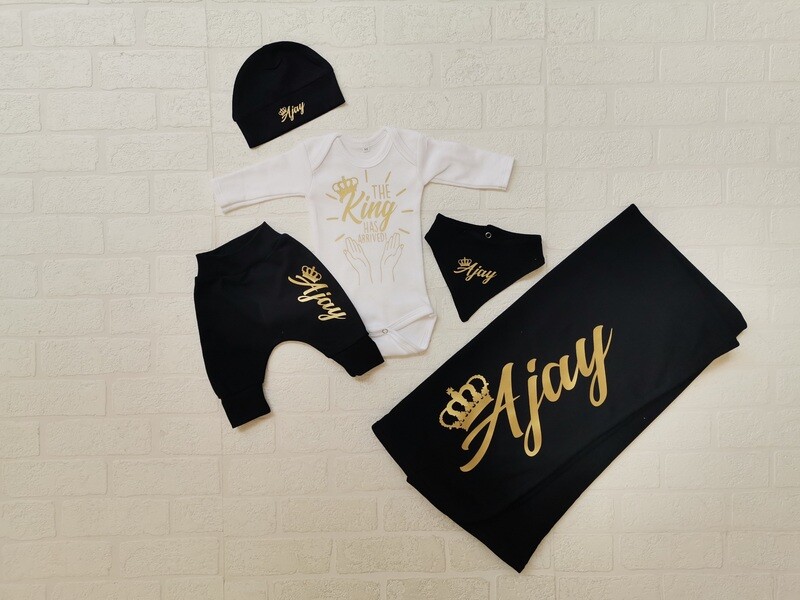 Baby Blanket, Pants, vest, hat and bib set