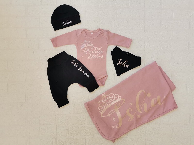 Baby Blanket, Pants, vest, hat and bib set