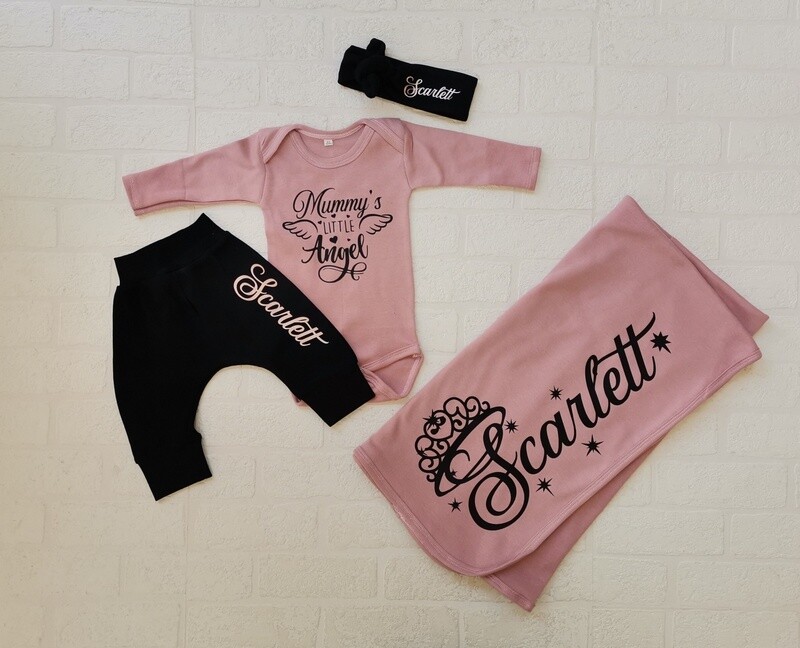 Baby blanket, Pants, Vest and headbow set