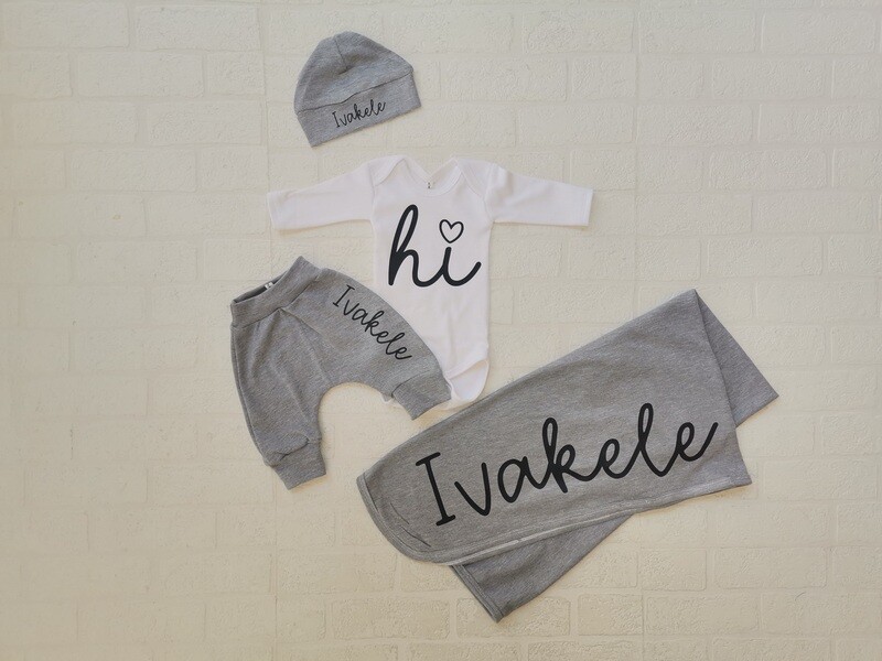 Baby blanket, Pants, vest and hat set