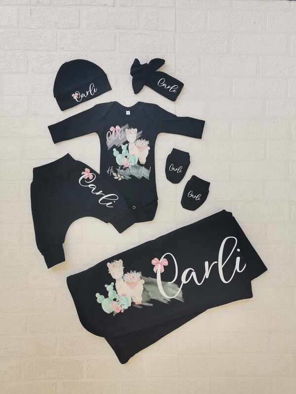 Baby Blanket, Pants, hat, headbow vest and mittens set