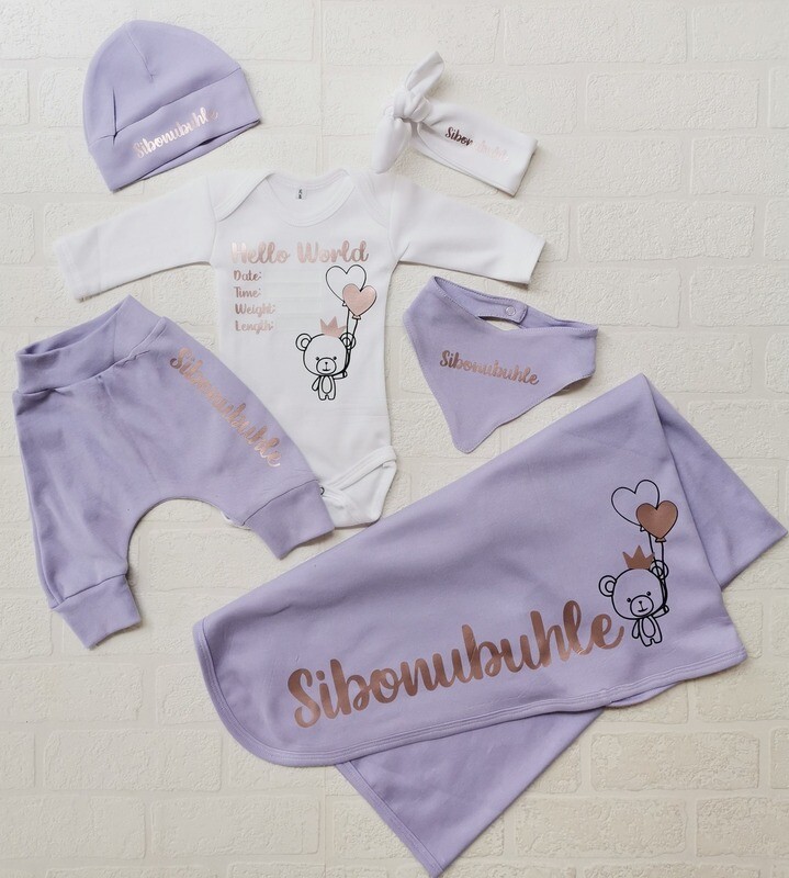 Baby blanket, Pants, Vest, hat, bib and headbow set