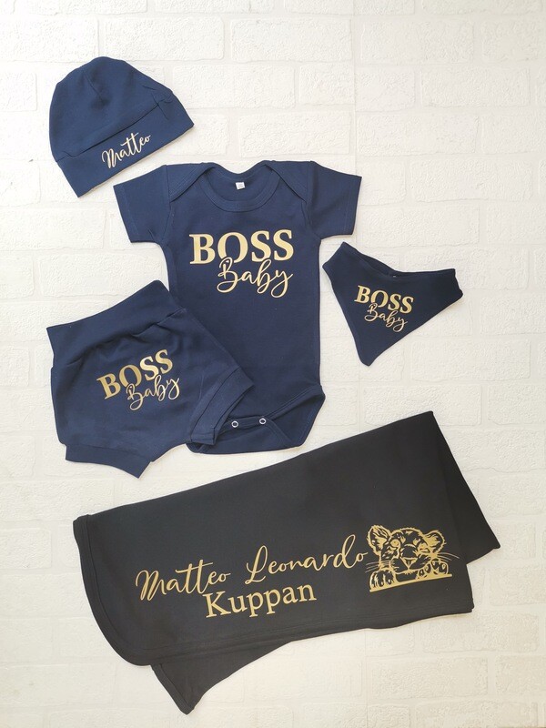 Baby Blanket, Shorts, vest, hat and bib set