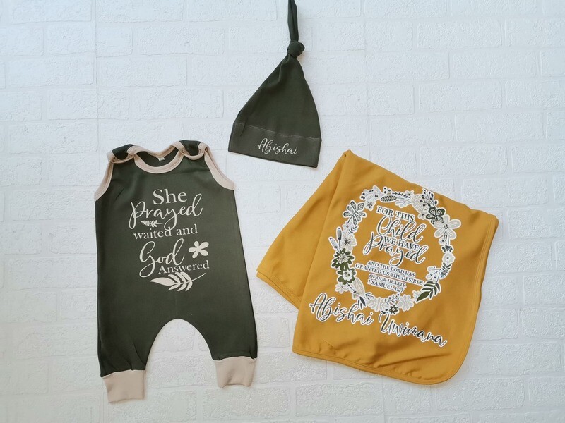 Baby blanket, romper and hat set