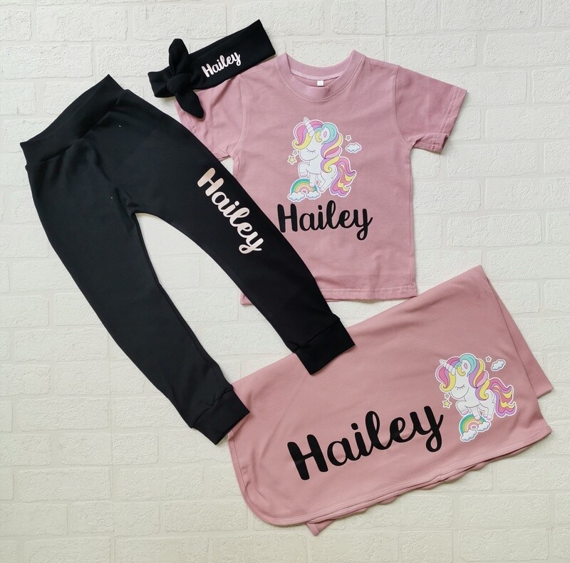 Toddler Pants, shirt, headbow and blanket set