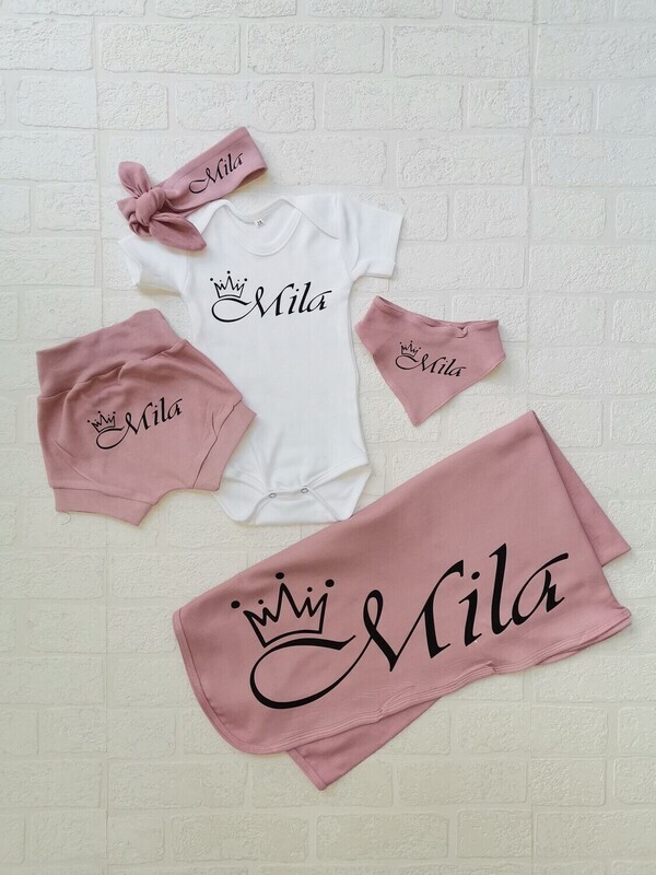 Baby blanket, shorts, vest, bib and headbow set