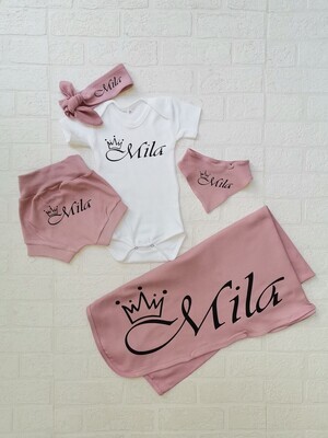 Baby blanket, shorts, vest, bib and headbow set