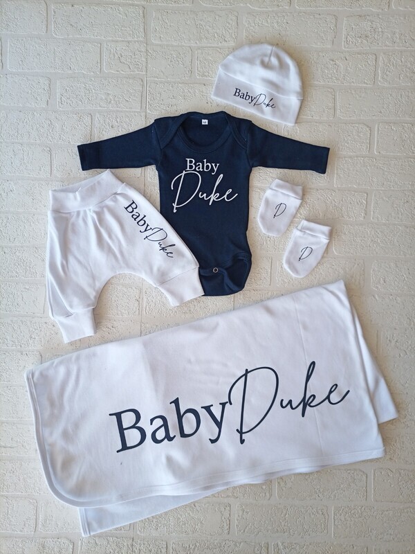 Large blanket, pants, vest, hat and mittens set