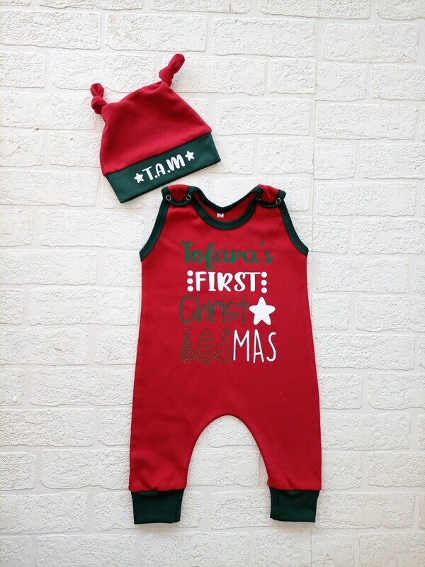 Red and Green Christmas Romper and Hat set