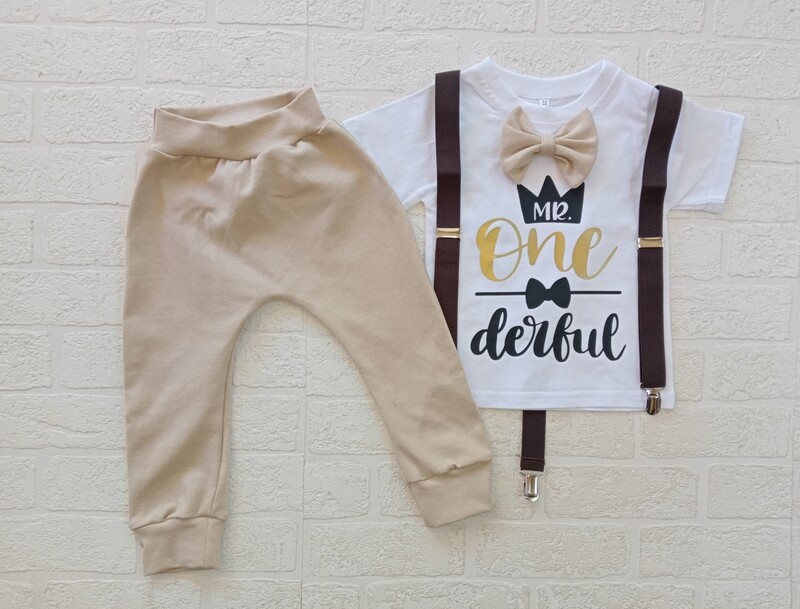 Boys Tshirt, suspenders, pants and bowtie set