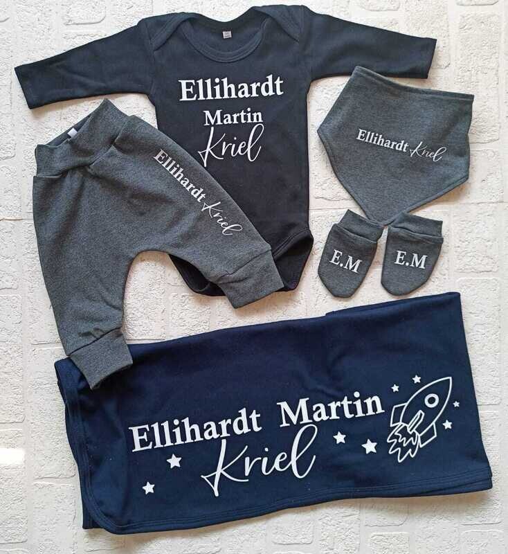 Baby blanket, Pants, Vest, Headbow, Bib and mittens set