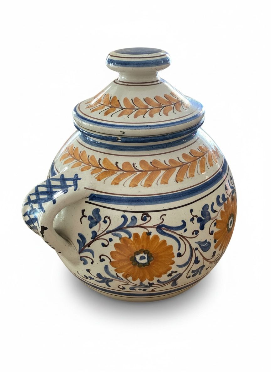 Vaso Vintage in Ceramica Dipinto a Mano con Coperchio - H 30 cm - Artigianato Italiano