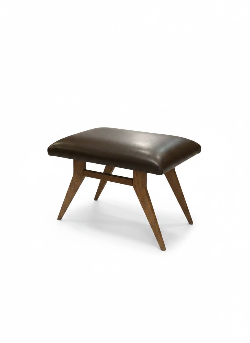 Panchetta Vintage Mid-Century in Legno con Seduta Imbottita Marrone in sky