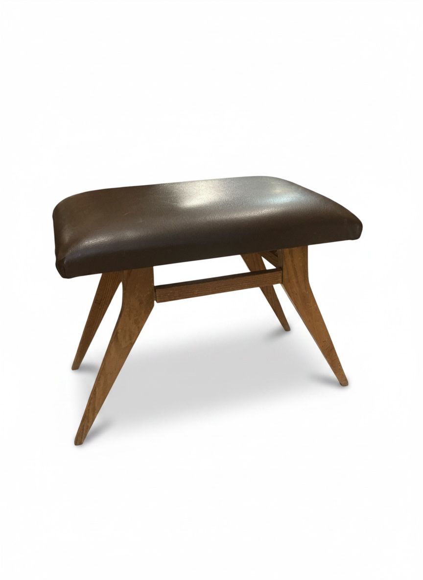 Panchetta Vintage Mid-Century in Legno con Seduta Imbottita Marrone in sky
