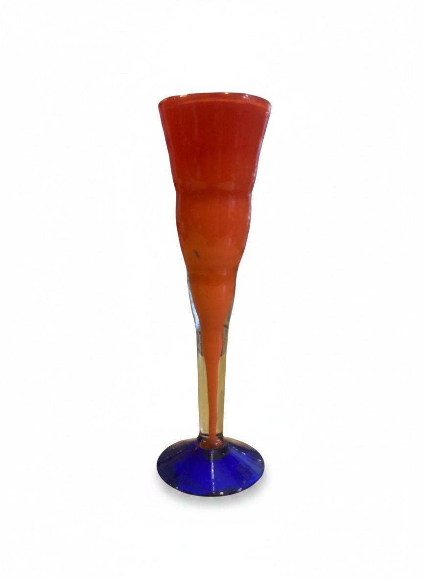 Stupendo Vaso Flute Artistico Murano – Arancione Vibrante e Blu Profondo